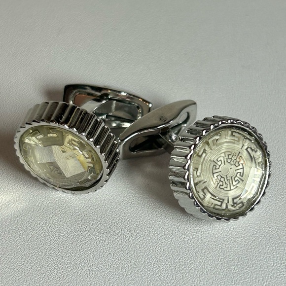 Vintage Other - Elegant Vintage faceted glass cufflinks geometric Greek key design Silver tone